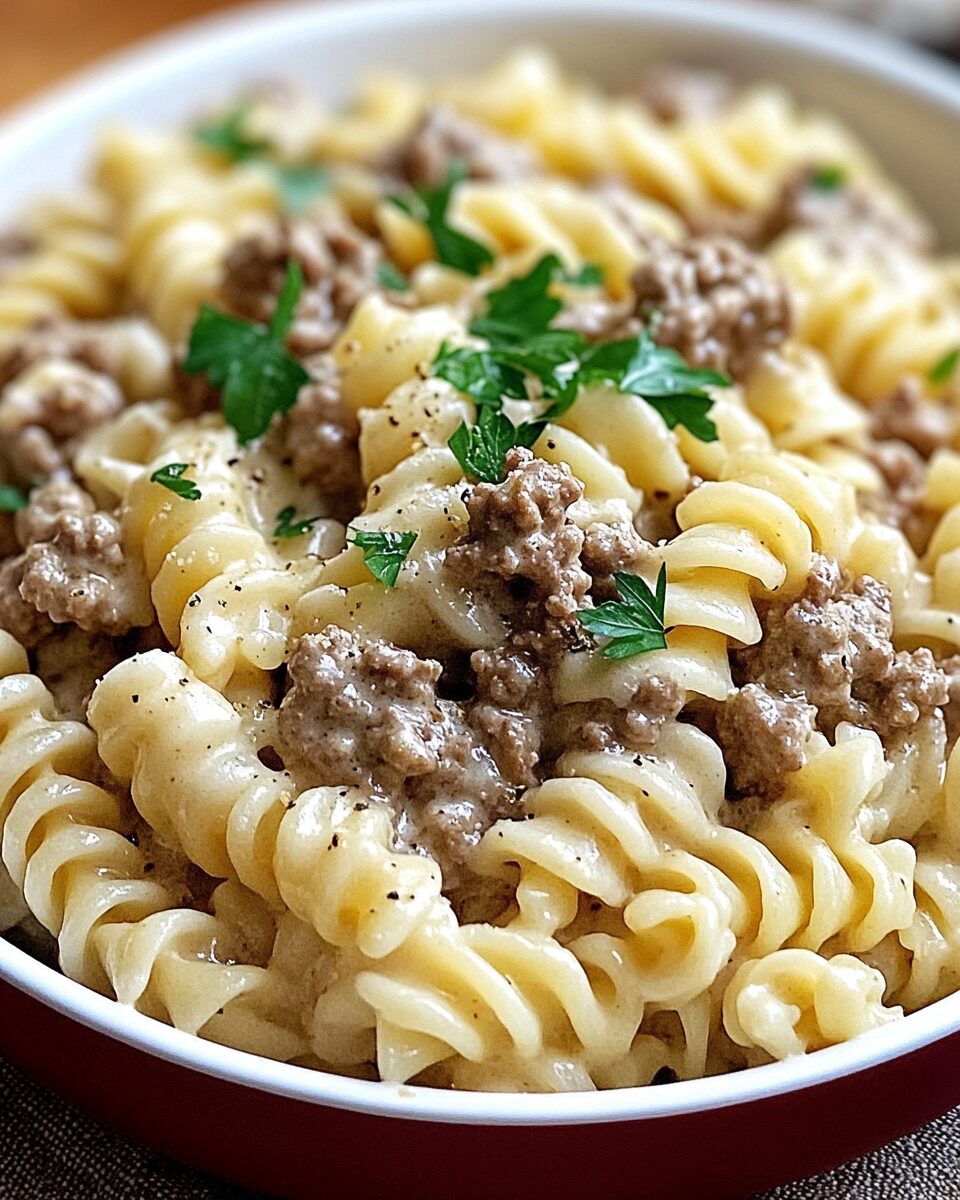 Creamy Beef and Rotini with Garlic Parmesan Sauce