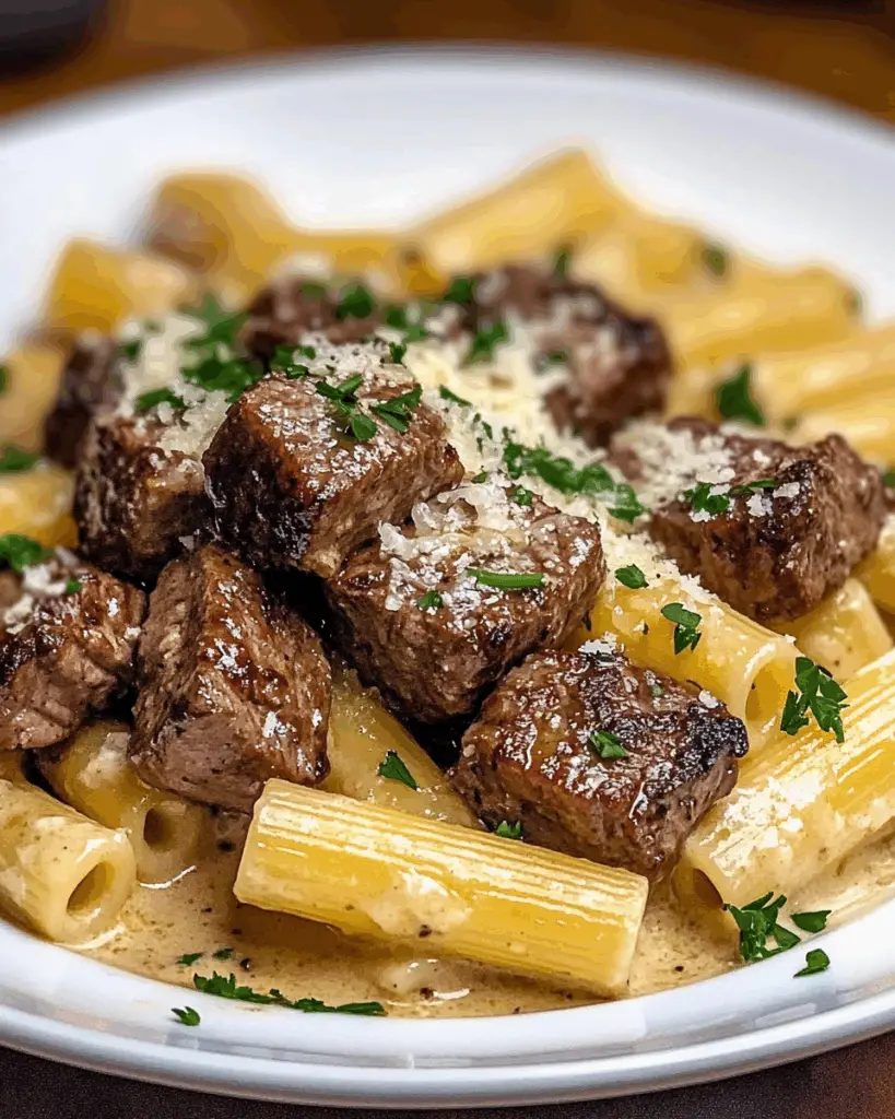 Garlic Butter Steak Tips with Creamy Rigatoni