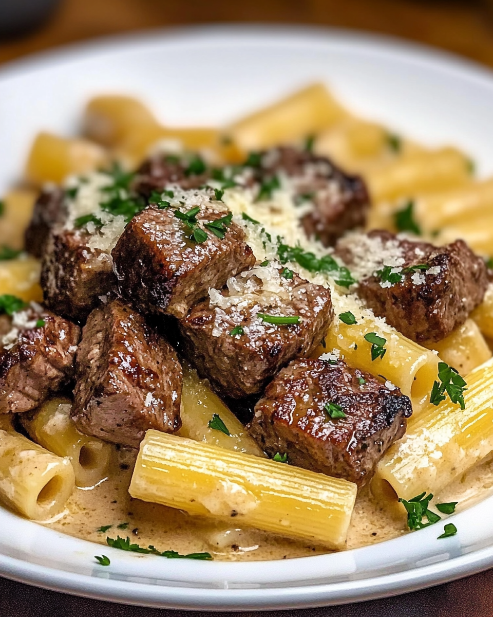 Garlic Butter Steak Tips with Creamy Rigatoni