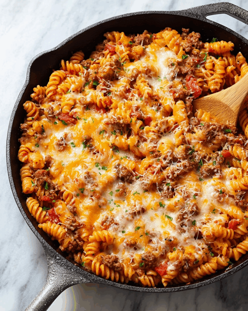 Cheesy Ground Beef Skillet Pasta