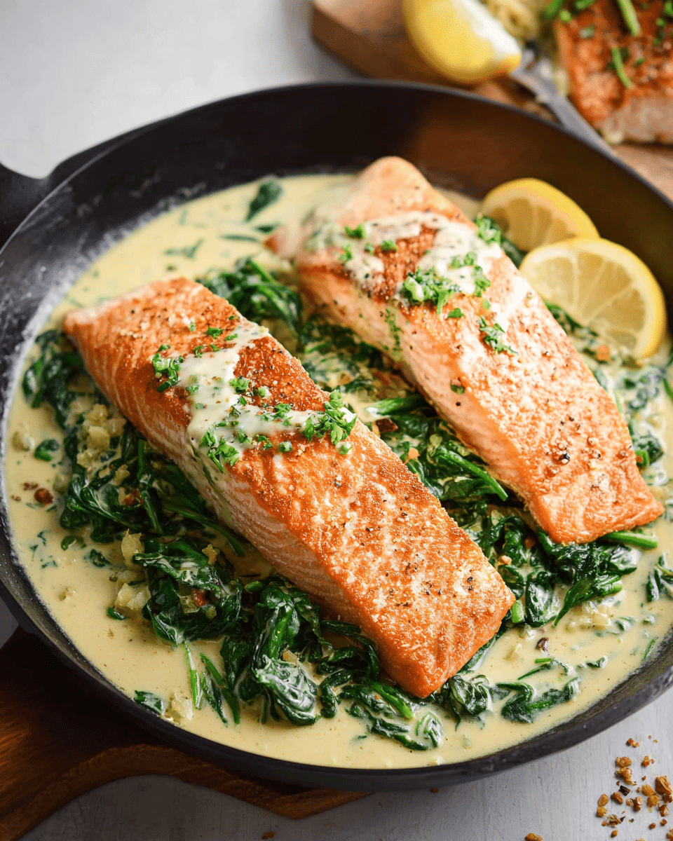 Salmon with Creamy Garlic Spinach