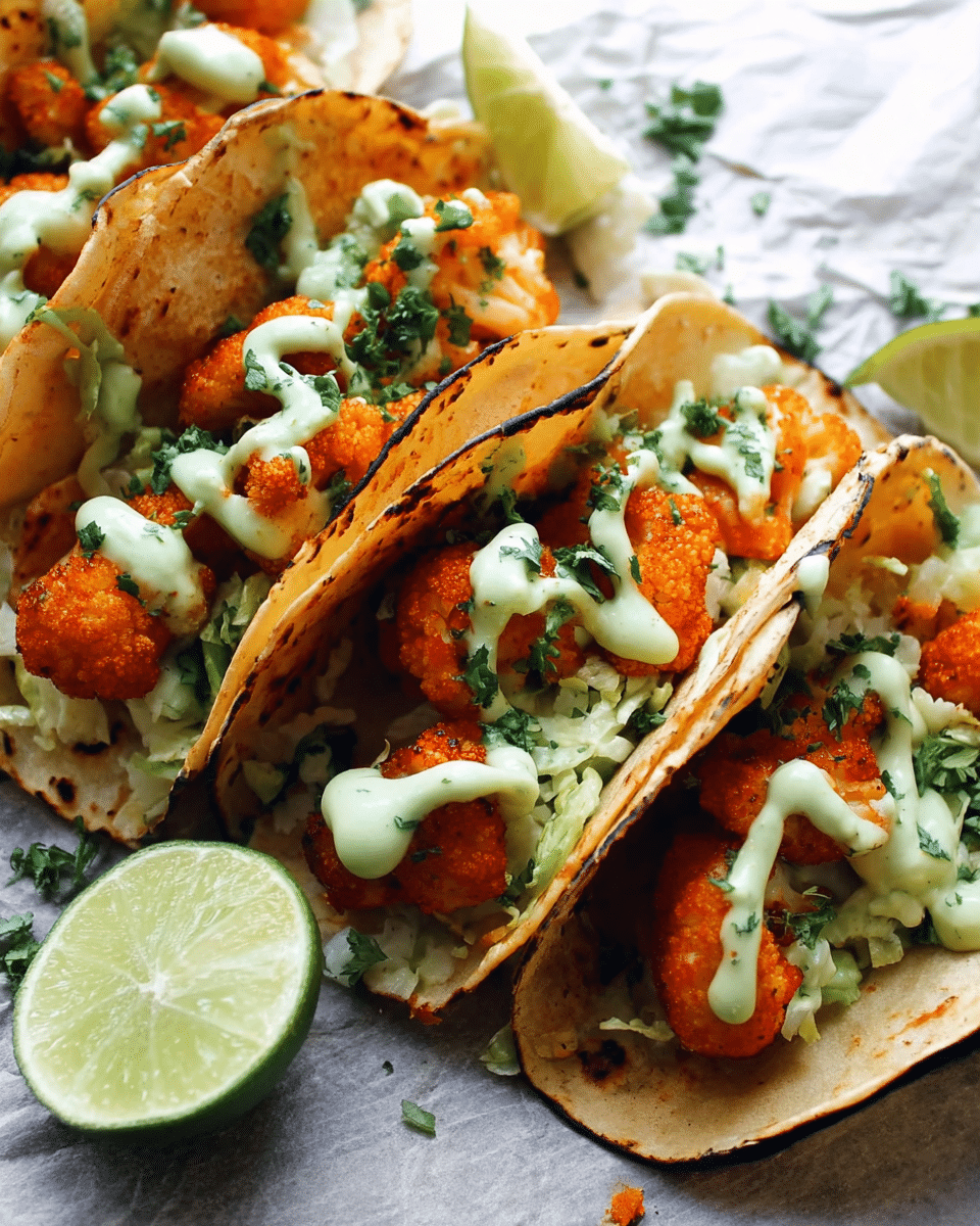 Buffalo Cauliflower Tacos with Avocado Crema
