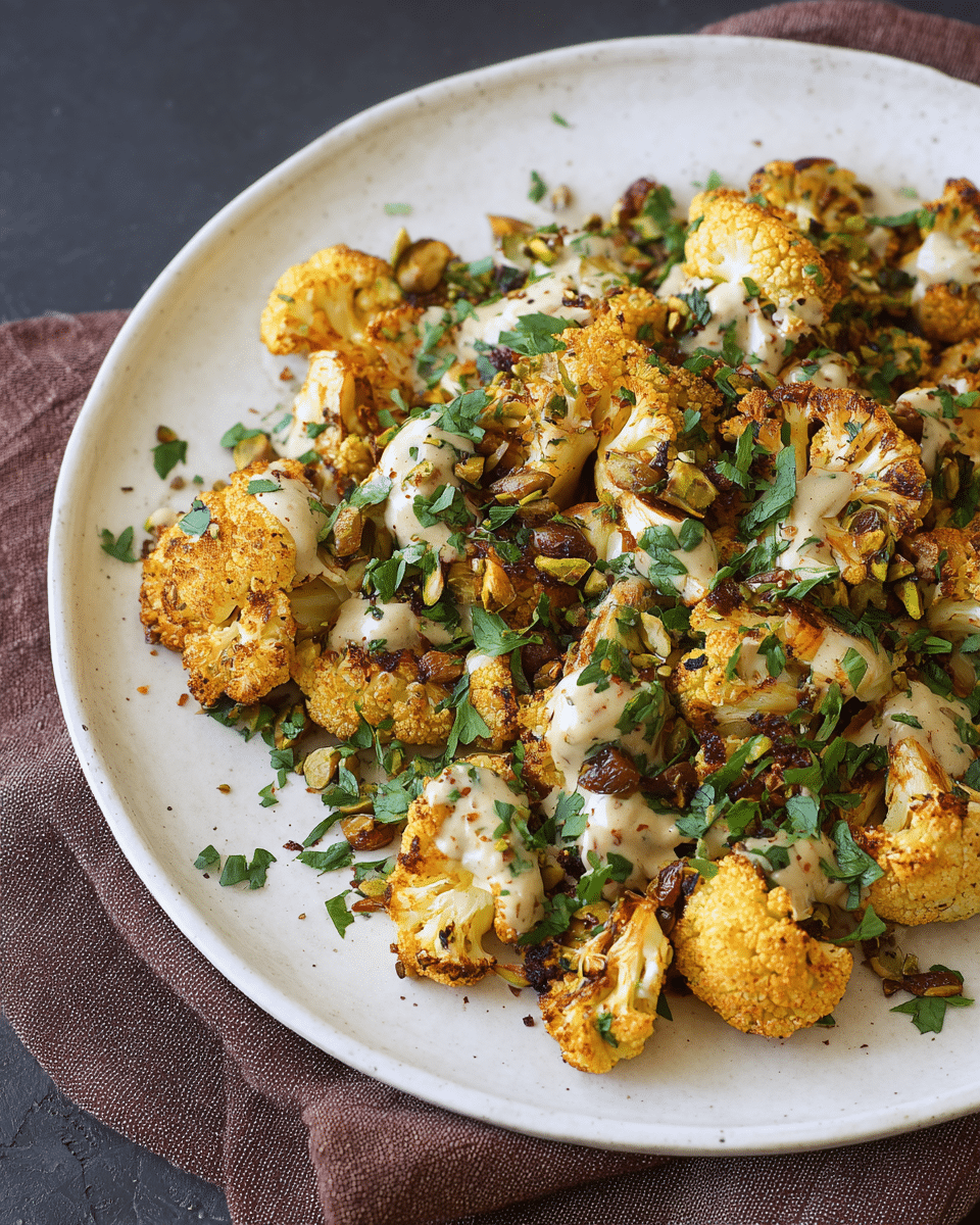 Moroccan Roasted Cauliflower with Tahini Dressing, Pistachios, and Dates