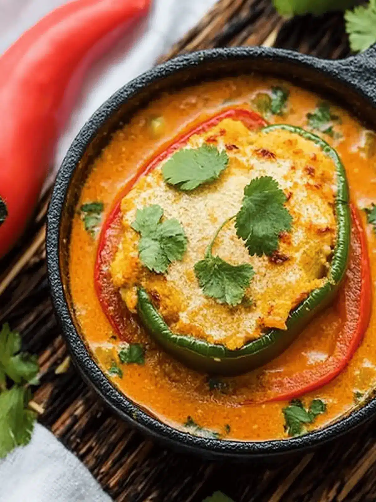 Potato & Paneer Stuffed Bell Peppers In Tomato Curry