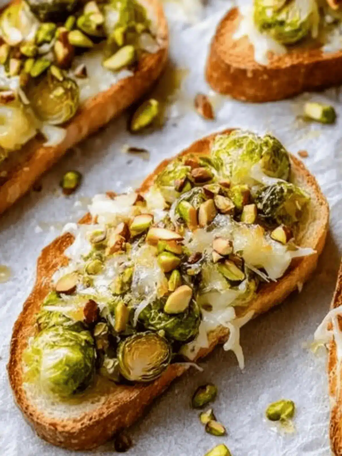 White Cheddar Brussels Sprouts & Pistachio Crostini with Hot Honey