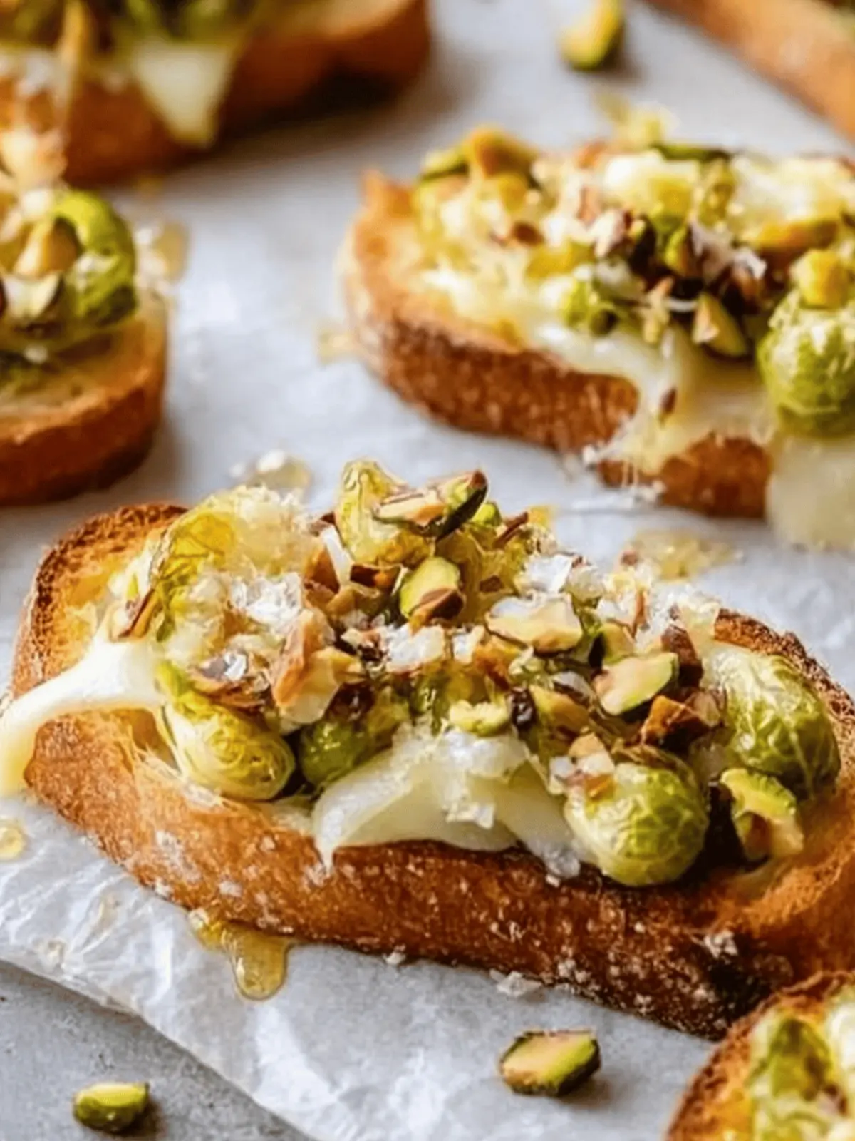 White Cheddar Brussels Sprouts & Pistachio Crostini with Hot Honey