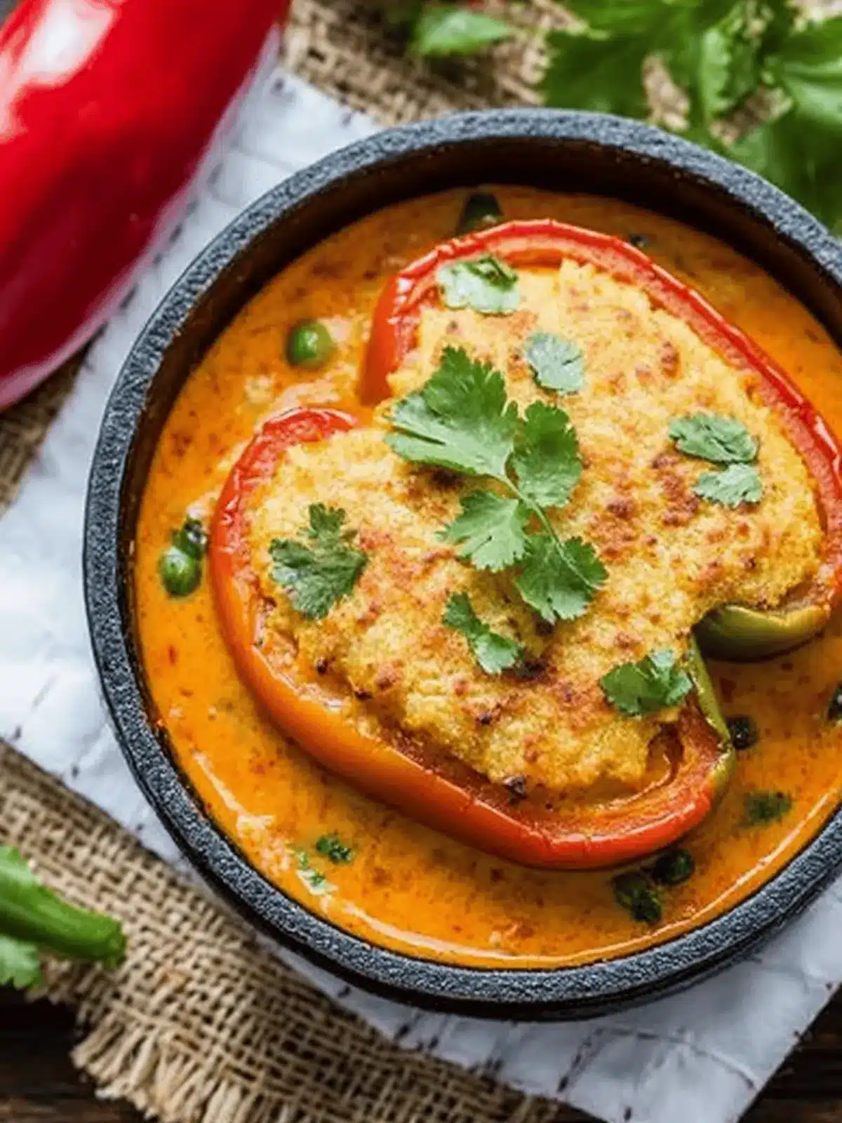 Potato & Paneer Stuffed Bell Peppers In Tomato Curry
