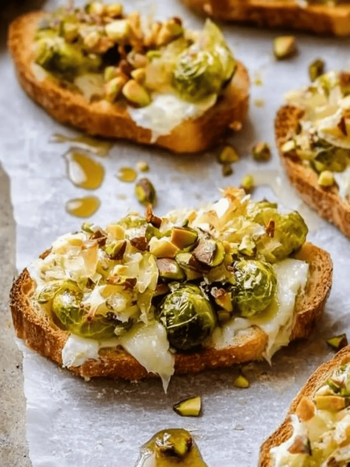 White Cheddar Brussels Sprouts & Pistachio Crostini with Hot Honey