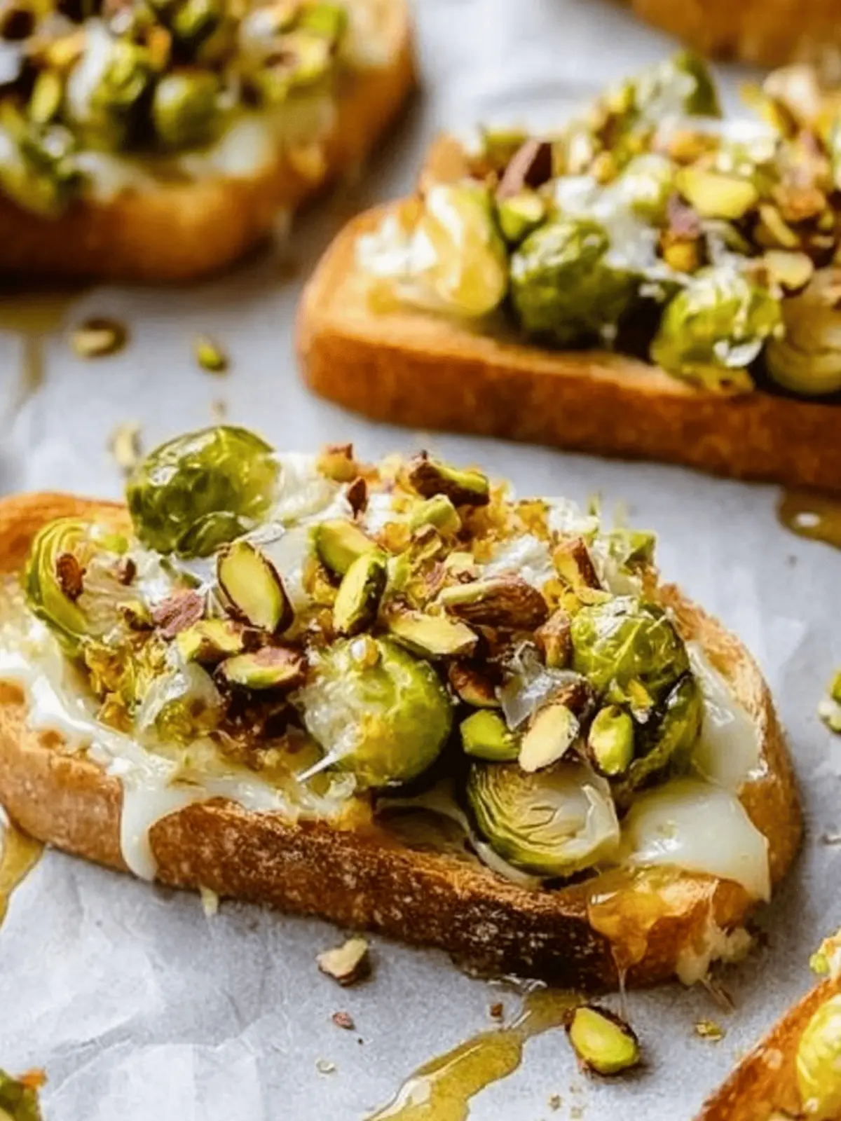White Cheddar Brussels Sprouts & Pistachio Crostini with Hot Honey