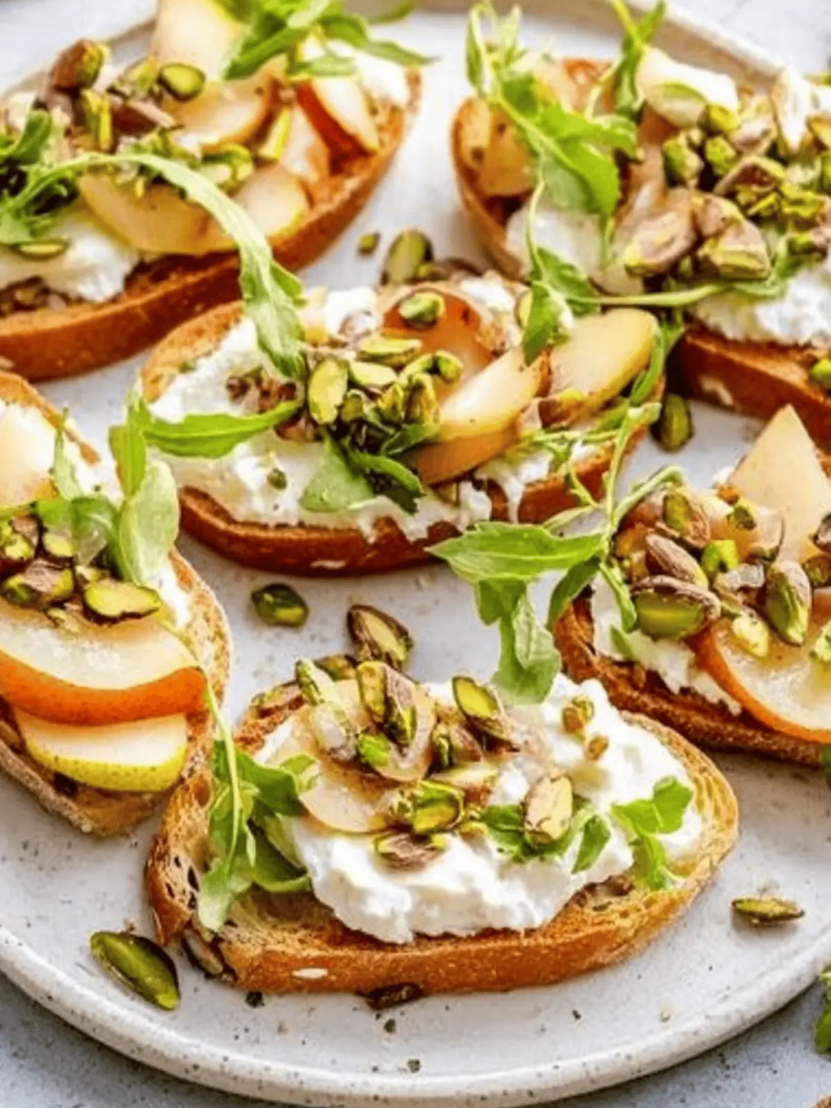 Ricotta and Pear Crostini with Salty Pumpkin Seed Pistachio Crunch