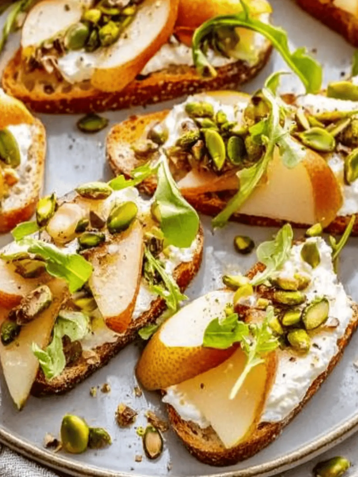 Ricotta and Pear Crostini with Salty Pumpkin Seed Pistachio Crunch