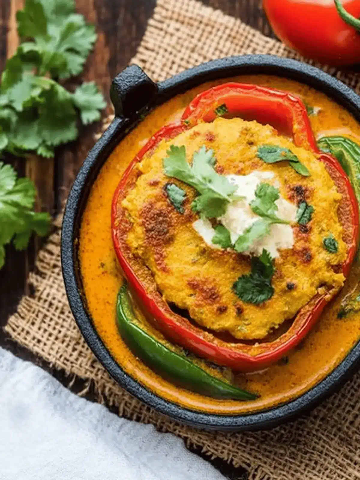 Potato & Paneer Stuffed Bell Peppers In Tomato Curry