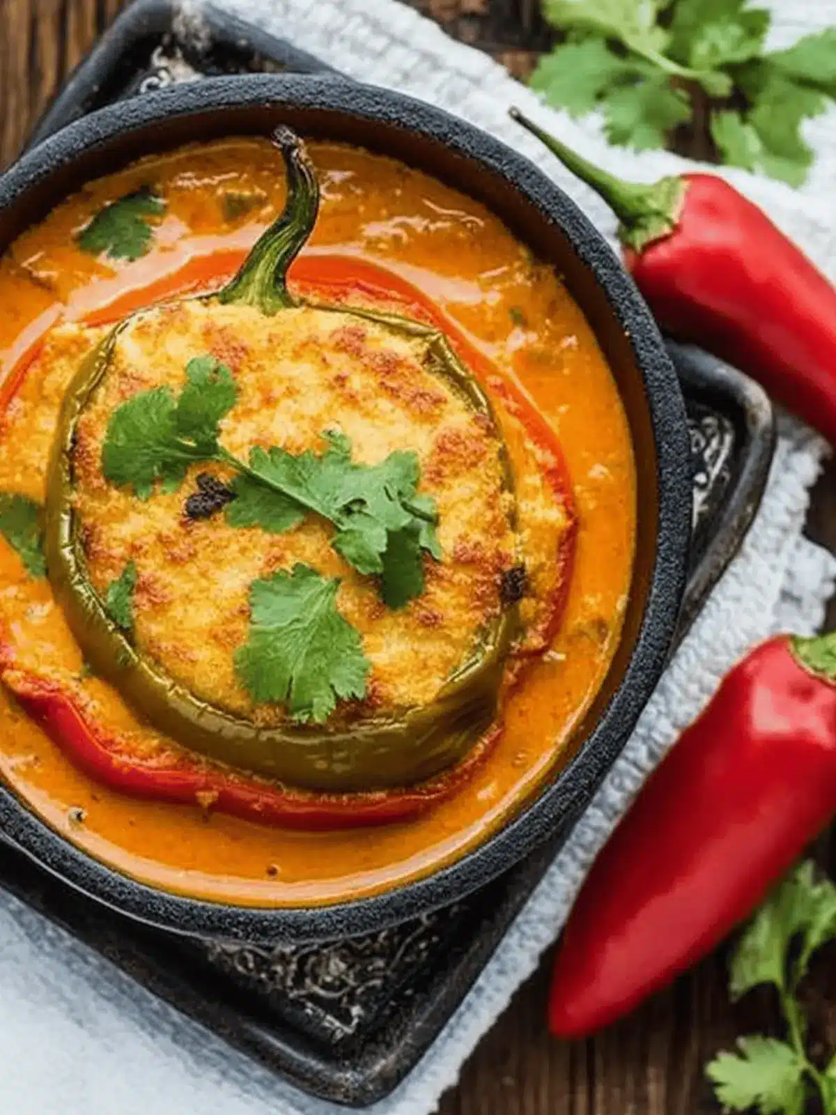 Potato & Paneer Stuffed Bell Peppers In Tomato Curry