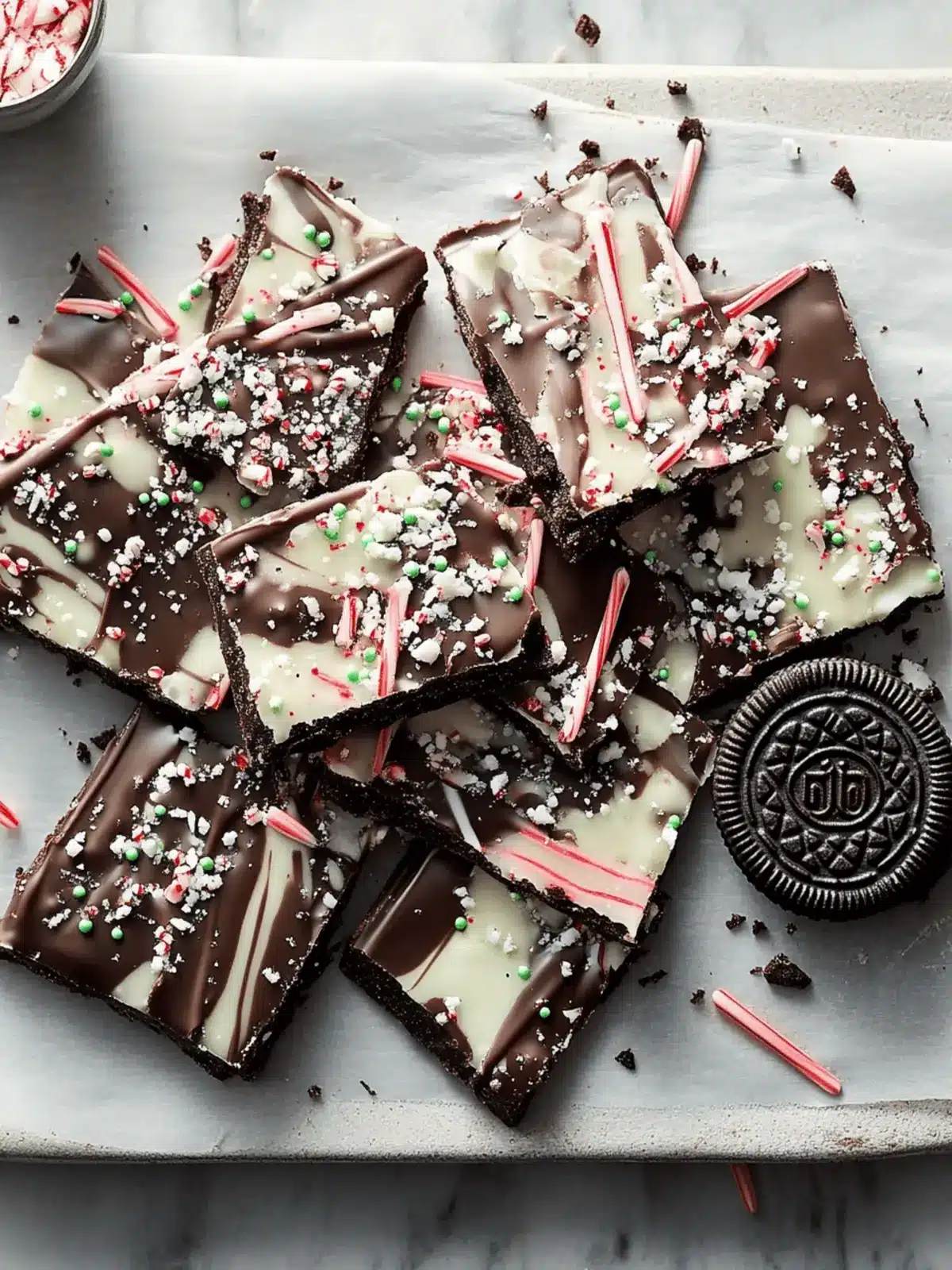 Oreos and Candy Cane Chocolate Bark